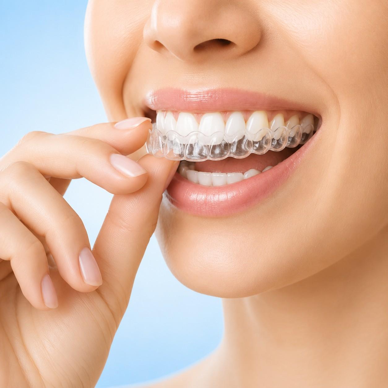 Clear aligner tray held over a patient's teeth